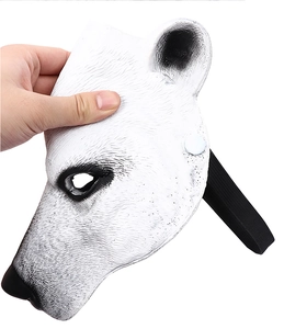 Macro detail of 3D polar bear mask showing realistic white fur texture and elastic strap