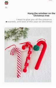 Detailed view of three knitted candy cane Christmas tree ornaments with soft wool texture