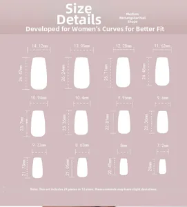 Size chart for 24pcs medium coffin press-on nails with 12 specific width and length dimensions