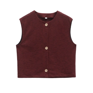 Gilet bordeaux gessato senza maniche con bottoni monopetto su sfondo bianco