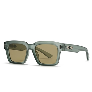 Square translucent olive green sunglasses with tea lenses and silver metal rivet details