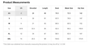 Detailed size chart for maternity A-line dress with shoulder and bust measurements