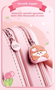 Detail of pink double-zipper stationery pouch with cute cartoon girl pendant charm
