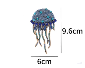 Detailed size view of sparkling blue crystal jellyfish brooch with 9.6cm length and 6cm width
