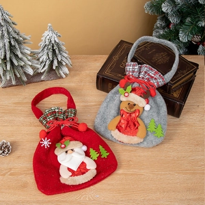 Felt Christmas gift bags with Santa and reindeer 3D dolls and festive plaid drawstring