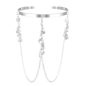 Silver leg chain with hanging shell charms and fringe tassels on a white background