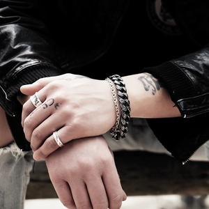 Harajuku vintage black engraved metal bracelet and ring set for men on wrist