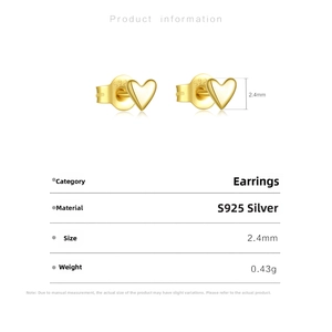Macro shot of 2.4mm heart studs in S925 sterling silver with polished gold finish