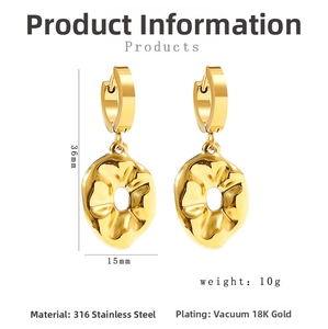 Detail of 18K gold plated stainless steel irregular lava drop earrings with measurements