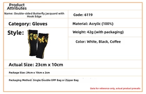 Detailed size and material specification chart for butterfly knit fingerless gloves