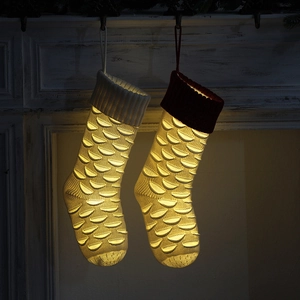 Knitted Christmas Stocking Acrylic Fish Scale Pattern Hanging Holiday Tree Mantel Fireplace Decor Gift Bag