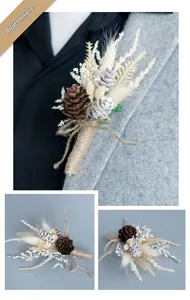 Detail of pine cone boutonniere with natural dried flowers on grey wool suit lapel