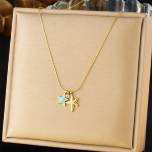 Starfish Pendant Necklace Gold Plated Stainless Steel Blue Enamel Zircon Marine Style Jewelry Women Elegant Beach