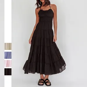 Women Halter Maxi Dress Modal Blend Tiered Layered Smocked Backless Summer Vacation Casual Beachwear