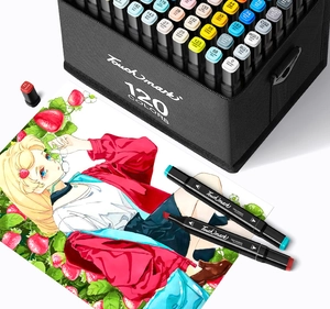 Detailed set of 120 colors dual-tip markers with anime illustration in a black carrying bag