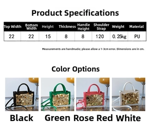 Tabella taglie dettagliata e opzioni colore per la borsa in pelle PU con paillettes