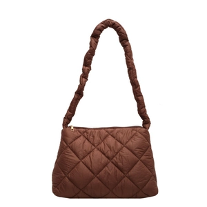 Quilted brown puffer shoulder bag with padded handle and lattice stitching in 2024 spring style