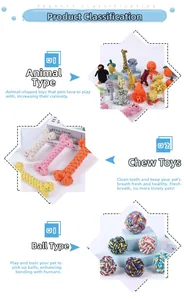 Macro detail of various colorful cotton rope toys for dog dental cleaning and play