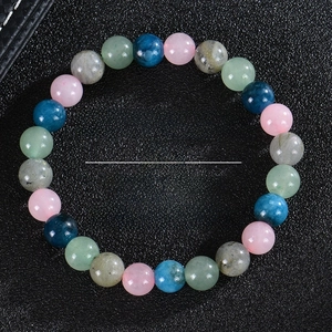 Close-up of 8mm natural gemstone beads on a black background with New Beginnings text