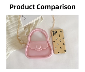 Pink mini jelly bag with gold chain strap shown next to a phone for size comparison