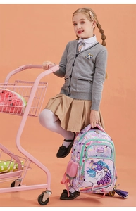 Close-up of lightweight purple school bag with unicorn design and padded S-straps