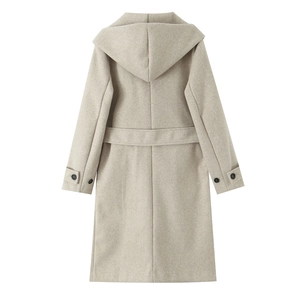 Back view of a minimalist beige hooded long coat with waist belt and cuff strap detail