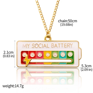 Detail of My Social Battery necklace with dimensions 5.3cm x 2.1cm and rainbow indicators