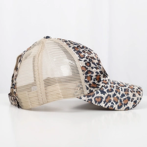 Detail of leopard print fabric texture and breathable mesh back on this vintage baseball cap