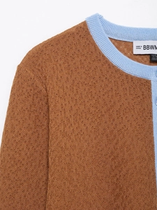 Nahaufnahme der Strickjacke mit kontrastierendem blauem Rippkragen und braunem Muster