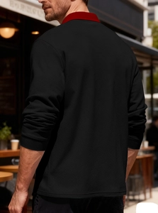 Rear view of slim fit long sleeve polo shirt with red contrast collar and knit texture