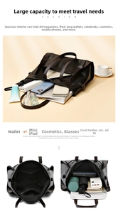 Spacious interior of dark brown faux leather tote showing storage for A4 files and iPad