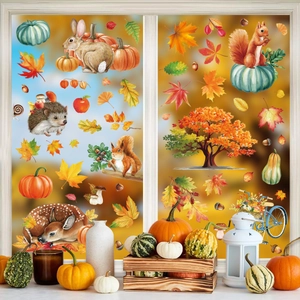 Autocollants Fenêtre Automne Action De Grâce Statique Double Face Feuilles Érable Citrouille Animaux Forêt Aquarelle Décor Verre