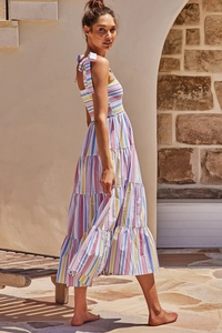 Detail of colorful striped maxi dress with bow shoulder straps and tiered skirt design