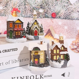 Miniature Christmas Luminous Resin House Ornaments Snow Village LED Light Festive Desktop Decor Holiday Xmas Home Party