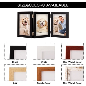 Detail view of foldable triple wood picture frame with sturdy metal hinges and glass cover