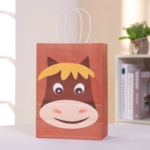 Cartoon farm horse theme gift paper bag with white handles for children party candy