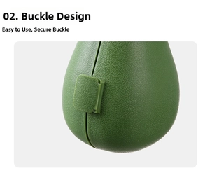 Detail of the green plastic vegetable keeper showing secure buckle design and matte texture
