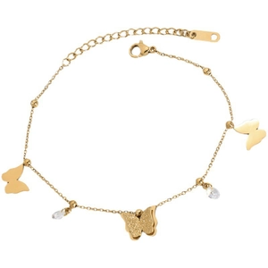 Golden butterfly anklet with sparkling crystal drops and matte finish on a white background
