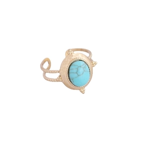 Retro gold stainless steel open ring with blue turquoise stone and beaded texture