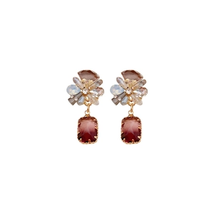 Floral square drop earrings with red-brown stones and crystals in gold-tone setting