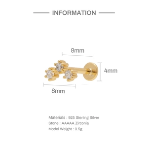 Detail view of gold 925 sterling silver stud earring with three AAAAA zirconia stones