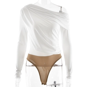 Elegant white one-shoulder bodysuit with ruched detail and long sleeve on a clear mannequin