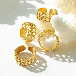 Adjustable 18k gold plated double-layer chain link ring set in minimalist titanium steel