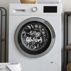 White vinyl Merry Christmas wreath sticker with reindeer and snowflakes for washing machines