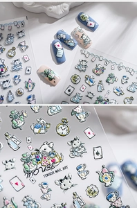 Macro detail of 3D embossed Alice in Wonderland nail art stickers with tea set patterns