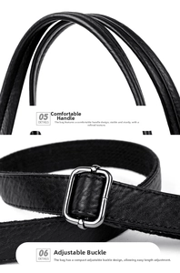 Detail of smooth black leather handle and adjustable silver buckle on large tote bag