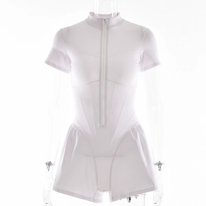 Detailed view of white short-sleeve romper with front zipper on transparent mannequin