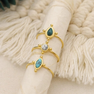 Vintage Stainless Steel 18K Gold Plated Open Ring Women Geometric Turquoise Howlite Green Stone Bohemian Jewelry Accessory