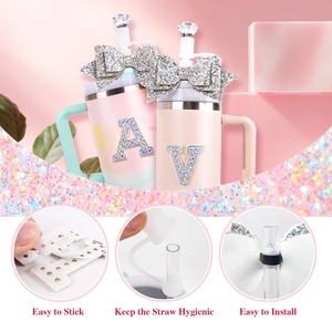 Water bottle accessory set for 30Oz cup with glitter bow charm and diamond straw cover