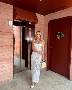 White lace maxi dress with fishbone straps and slim fit design for parties and events